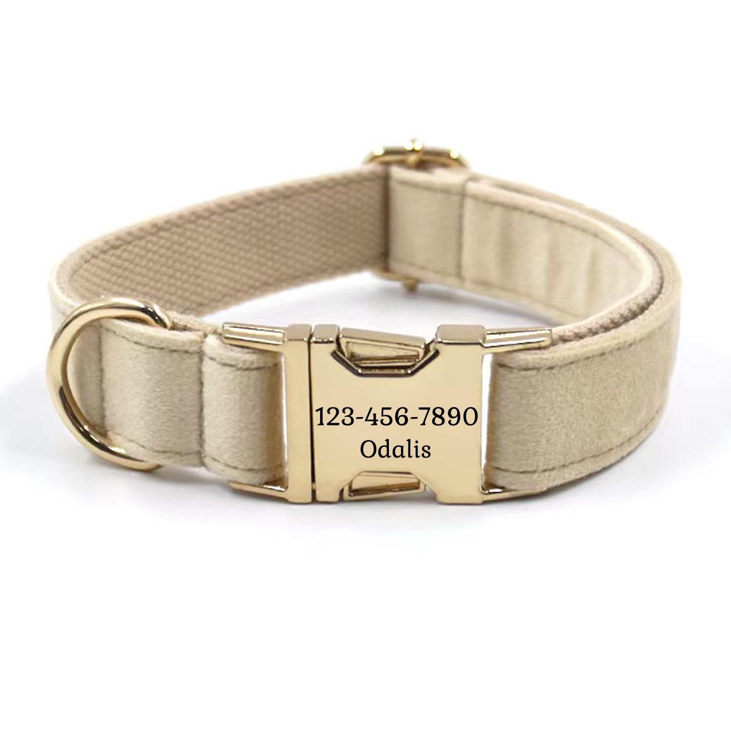 Personalized Soft Dog Collar, Laser Engraved Metal Buckle Dog Tag, Adjustable Through D-Ring, and Colors(Milk Tea, L)