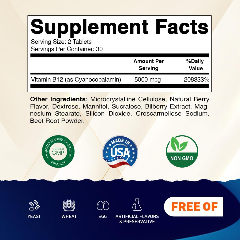 Vitamatic Vitamin B12 5000 mcg – 60 Fast Dissolve Tablets Berry Flavor – Supports Energy Production & Nervous System Health – Non-GMO, Gluten-Free — Amazon image 2