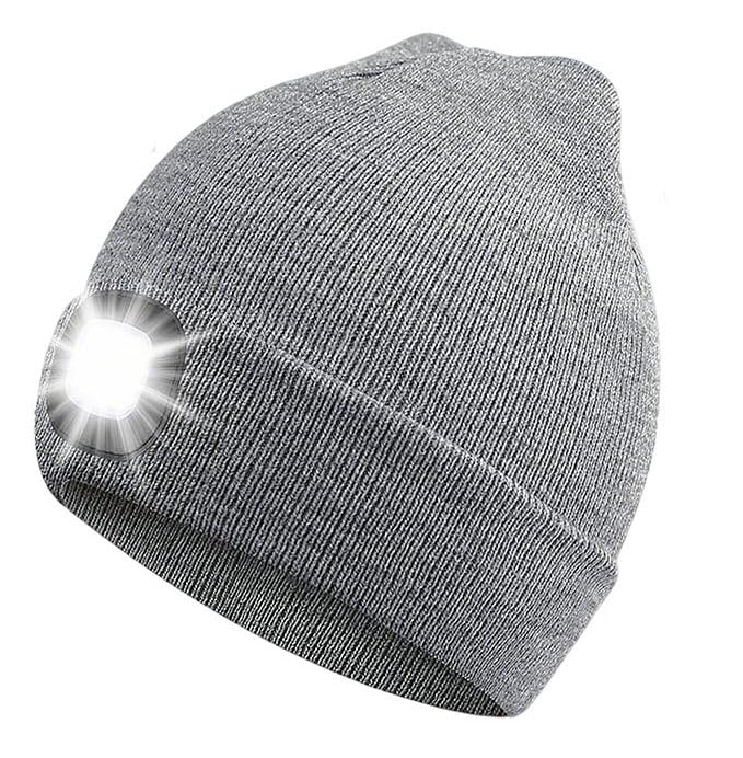 YISKY LED Mütze mit Licht, LED Beleuchtete Mütze, Winter Warm Stirnlampe mütze, warme Strickmütze, Geschenke für Männer Frauen (Grau)