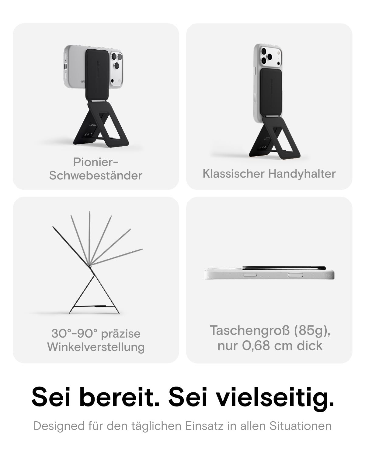 MOFT Stativ für iPhone 17/16/15/14/13/12 Serie, Snap Unsichtbarer Handy Stativ Ständer mit 3 Modi für Self-Vlogging, Browsen, Makrofotografie, Videoanrufe, Tragbarer Leichter Handy Ständer, Schwarz