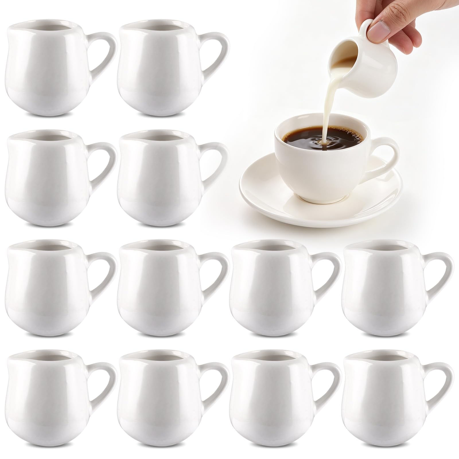 DAJAVE 12 Pcs Small Milk Jug, 60ml White Ceramic Milk Jug with Handle Mini Gravy Jugs Sauce Jug Mini Creamer Jugs or Milk Coffee Gravy Sauce