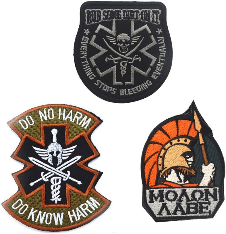SOUTHYU 3 Pieces Spartan Molon Labe Tactical Military Morale Patches Emblem, Rub Some Dirt On It Medic Paramedic EMS EMT Embroidered Badge, Do No Harm Do Know Harm Hook and Loop Patch
