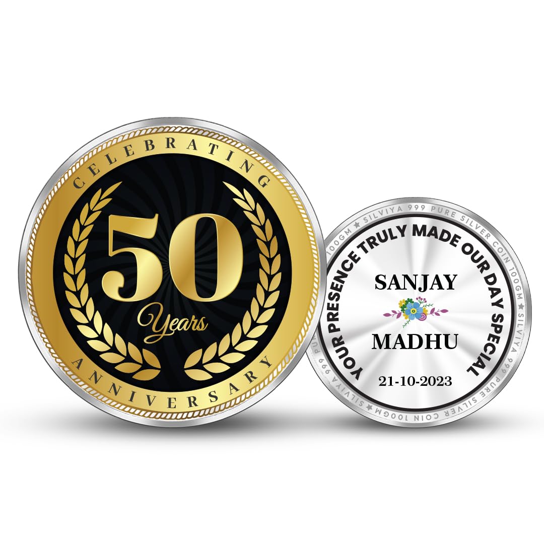 BIS Hallmarked Personalized 50th Golden Wedding Anniversary Gift - 999 Pure Silver Coin (10g, 20g, 50g, 100g) Round Shape - Memorable Gift for Family - Friends - With Certificate-image-43