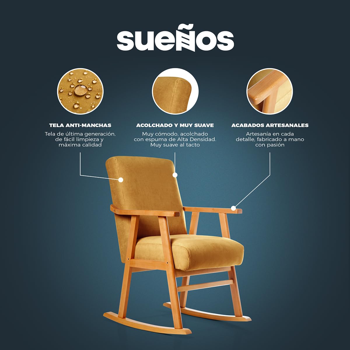 SuenosZzz-Edward Sillón tapizado balancin Lactancia. Tapizado Antimanchas Acualine Rio, Color Gris. Balancin de Madera de Haya, Color Natural