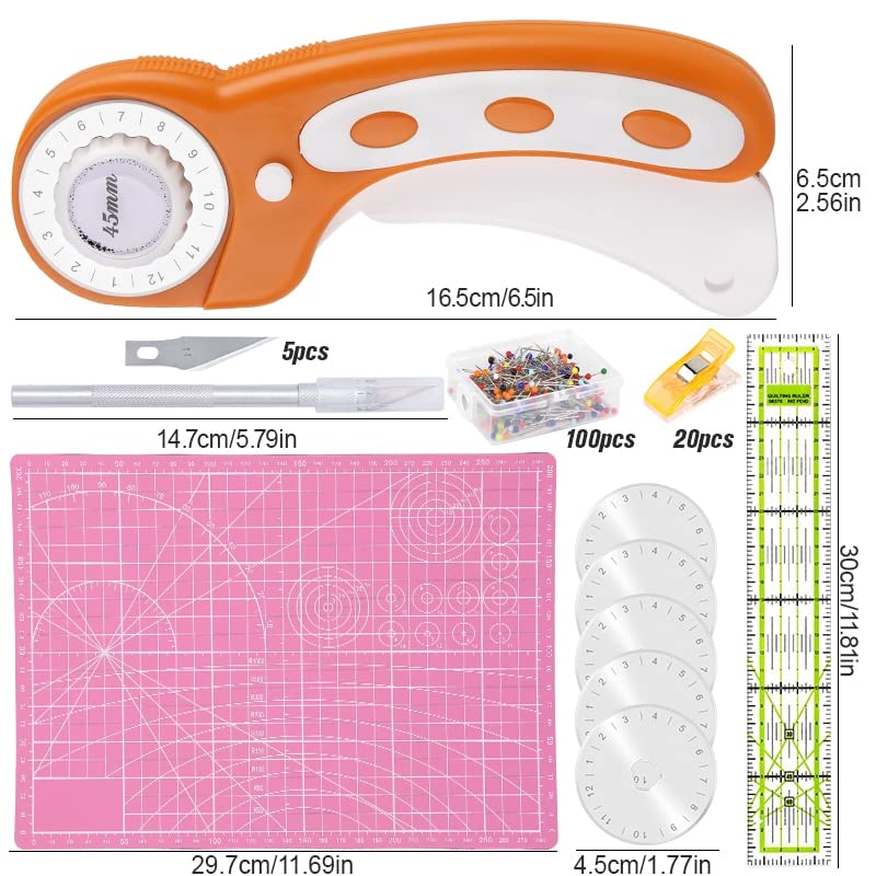 KAOBUY 132Pcs Rotary Cutter Kit 45mm Rotary Cutter Carving Knife A4 Cutting Mat Sewing Pins for Fabric Leather DIY Sewing Craft
