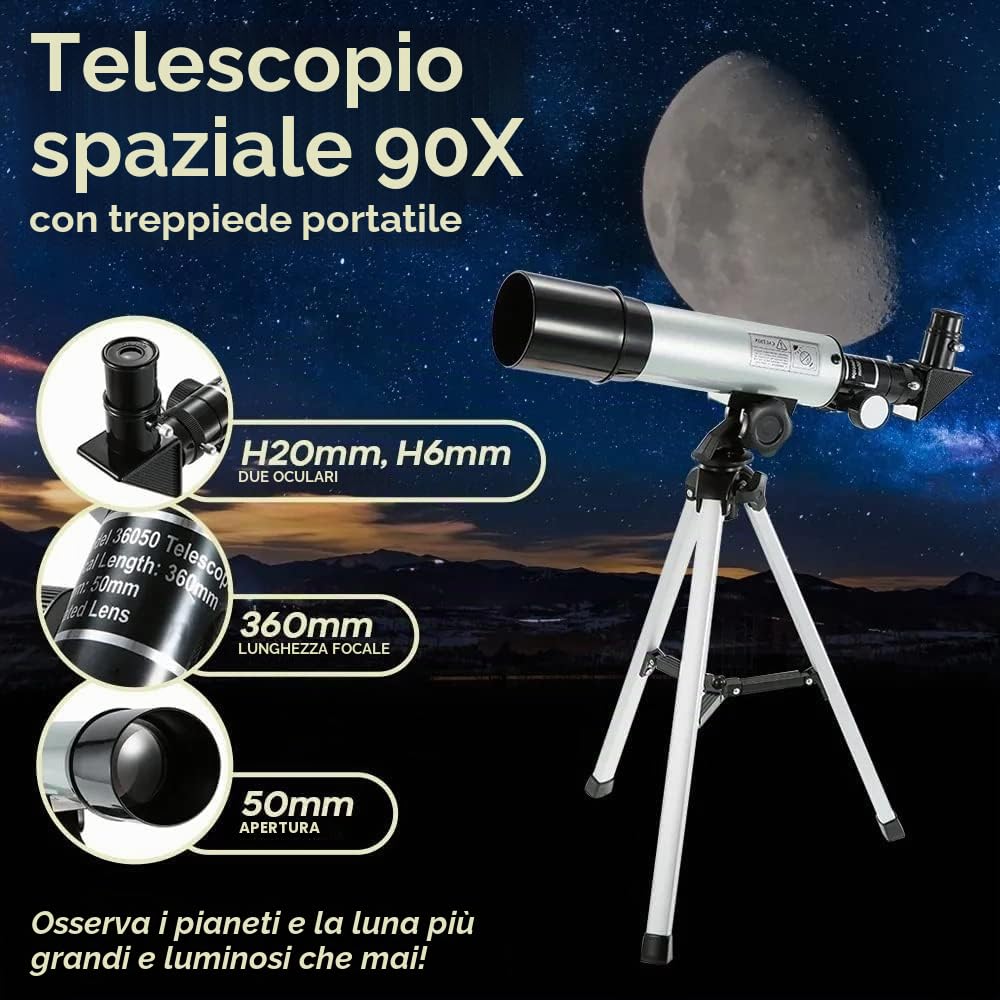 Telescopio Astronomico, Telescopio per Bambini 360/50mm 90X Zoom HD Telescopio Spaziale Monoculare Esterno Cannocchiale Rifrattore Portatile con Treppiede per Bambini/Adulti/Principianti.