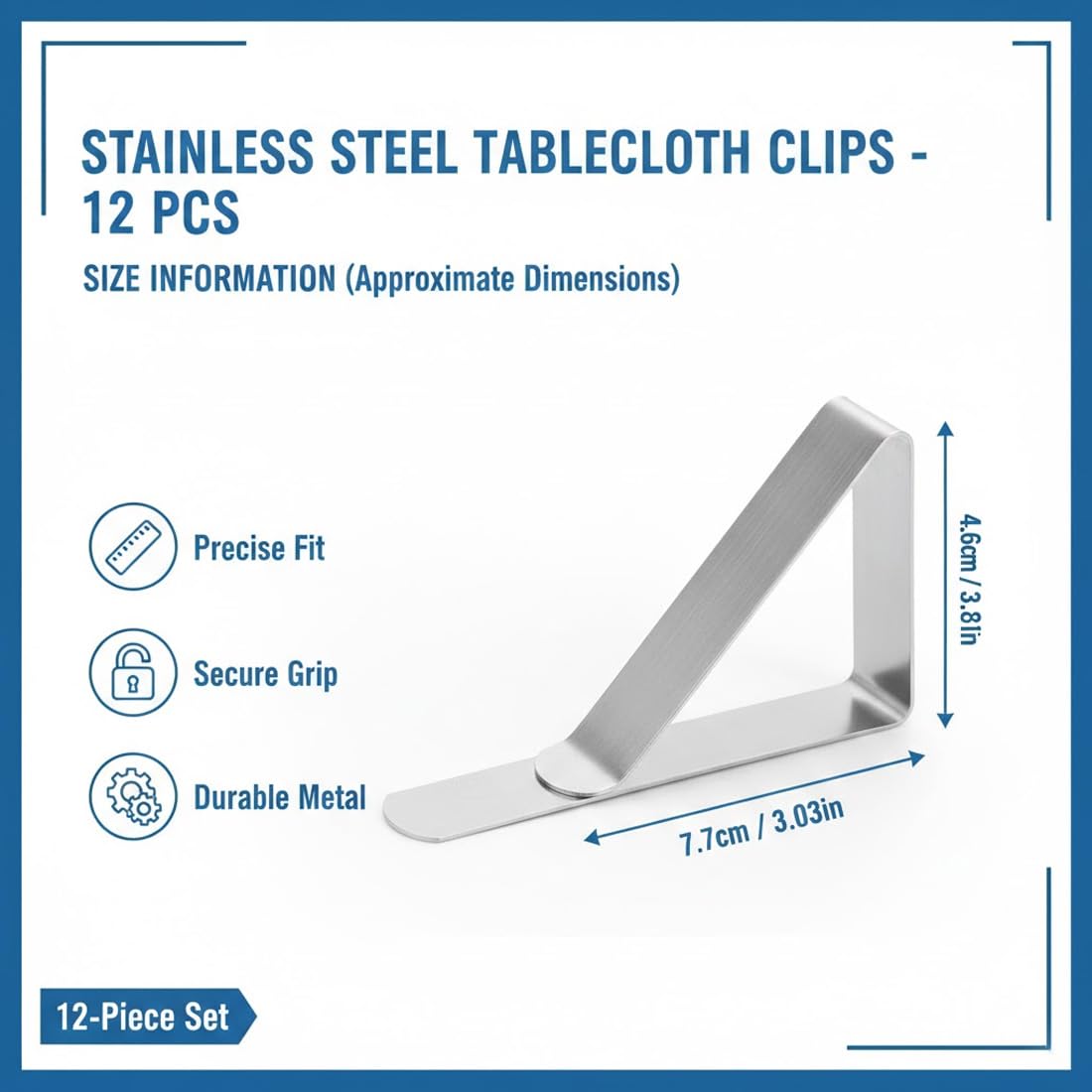 12 Pezzi Fermatovaglia in Acciaio Inox per Tavoli Spessi, Fermatovaglia da Tavola per Esterni, per Spessore Tavolo 4.5 cm (4,6 x 7,7 cm)