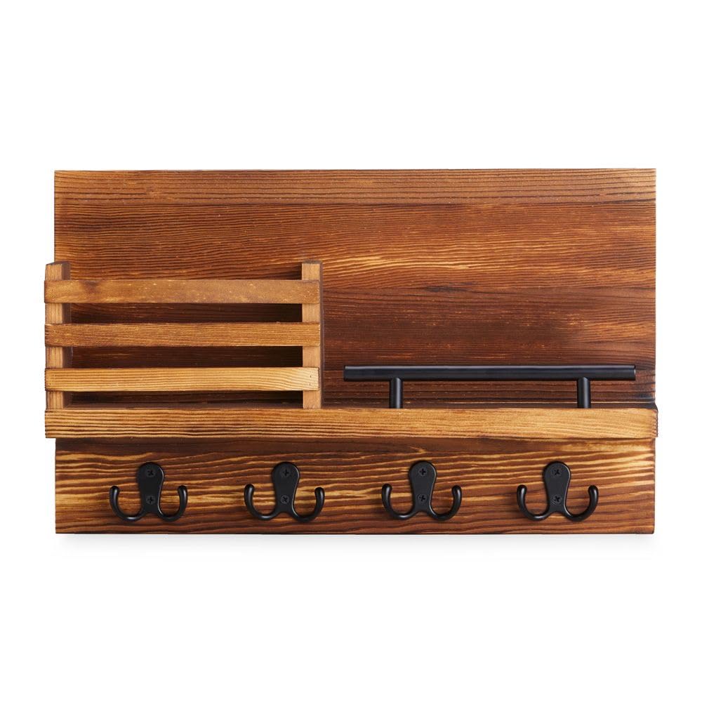 Photo 1 of Wall Mounted Mail Holder Wooden Key Holder Rack Mail Sorter Organizer with 4 Double Key Hooks and A Floating Shelf Rustic Home Decor for Entryway or Mudroom (16.5 x 10 x 3,5)