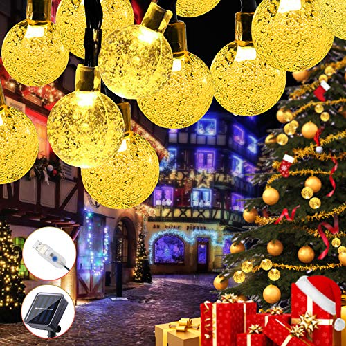 Guirnalda Luces Exterior Solar,Cadena de Luces USB Recargable con 60 LED Bola,...