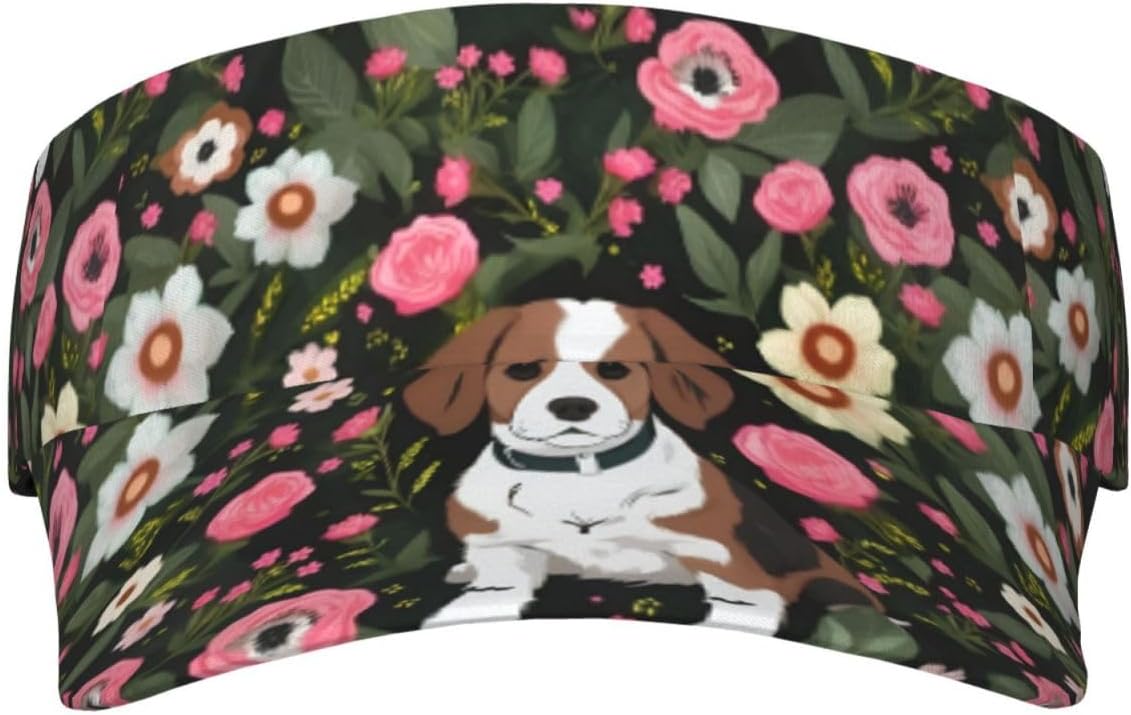Dog and Flower Print Sun Visor Hats for Women Men Adjustable Sports Golf Running Sun Caps Black