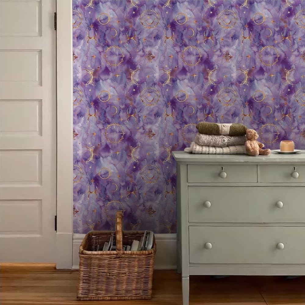 Purple Gold Star Moon Fairy Watercolor Peel and Stick Wallpaper Wall Decor Self Adhesive Wall Paper Stick on Easy Peel Off Contact for Renter Apartment
