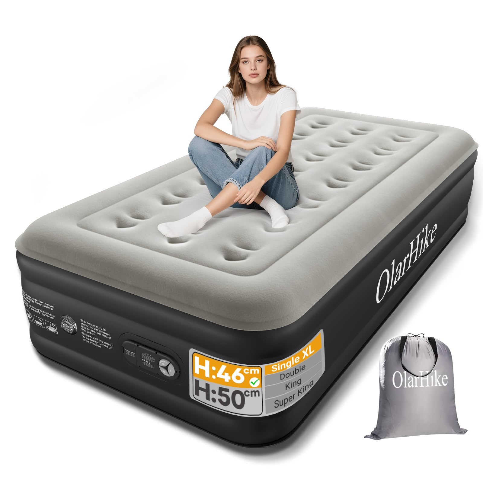 OlarHike Single Airbed, Inflatable Air Mattress with Built-in Pump, Blow Up Bed, Self Inflating Folding Guest Air bed with Flocked Surface For Camping & Home Use, 90cm W x 200cm L x 46cm H(Black) โ image 1