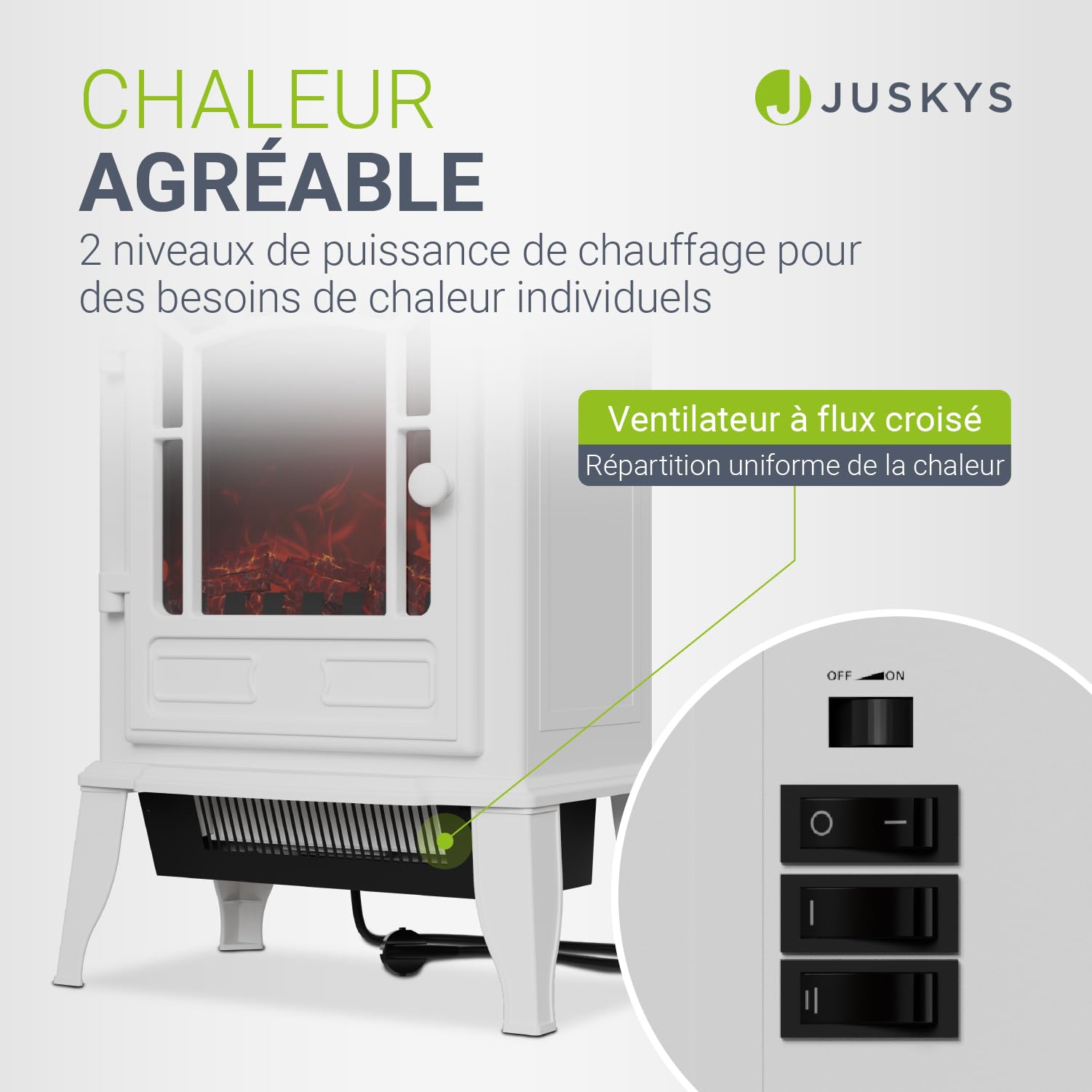 Juskys Cheminée électrique 2000 W – Blanc, cheminée autoportante avec Effet de Flamme, 2 Niveaux de Chauffage, Thermostat et arrêt de sécurité pour Le Salon