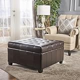 Ball & Cast Large Square Storage Ottoman,Upholstered Button Tufted Coffee Table, Linen Footrest with Wooden Legs for Living Room,Brown