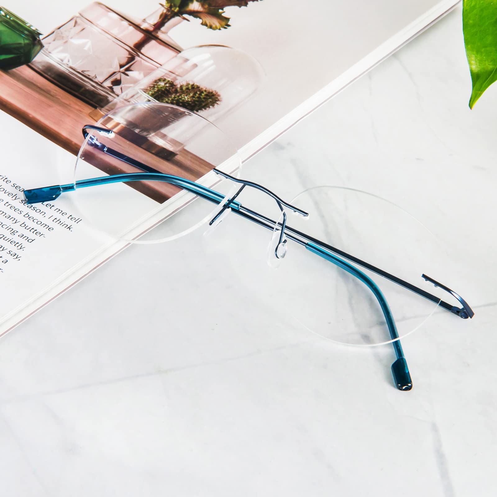 MMOWW Circular Gafas de lectura sin Marco Gafas Aleación Titanio Ultraligeras Para Hombres y Mujeres, Gafas de Computadora de Ayuda con lente de Resina (Azul, +2.0)