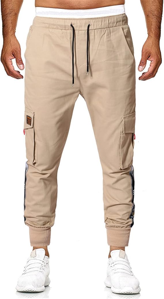 Men's Elastic Waist Cargo Jogger Pants Multi Pockets Slim Sports