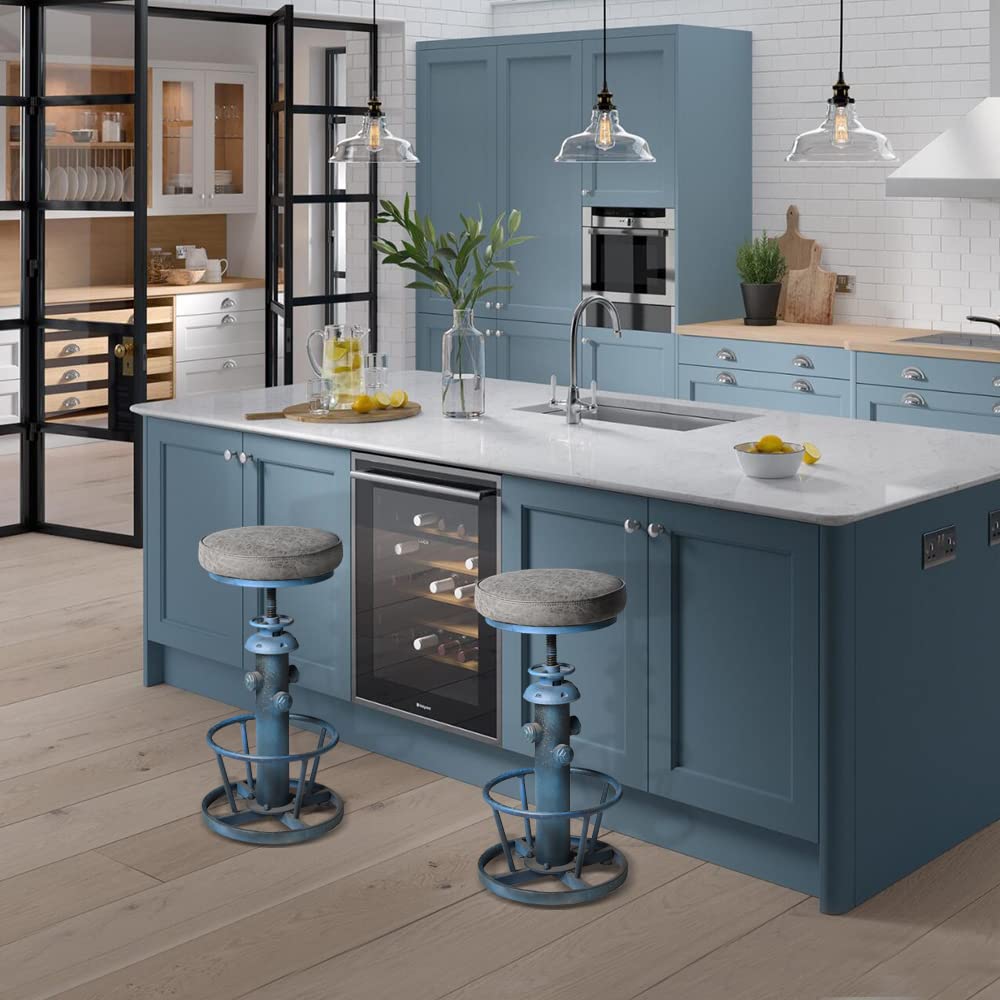 Taburete de bar de cocina con fondo redondo industrial americano, altura ajustable, estilo retro, vintage, elegante, tubería de agua, diseño de pub (azul antiguo, parte superior de piel 7