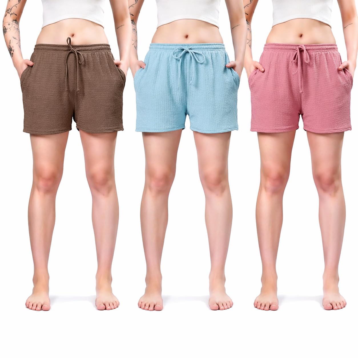 Shorts for Women Textured Waffle Knit with Pockets for Gym, Sports, Running, Yoga, Cycling, Walk Casual Shorts Or Half Lower, Hot Pant, Half Trouser, Pack of 1, Pack of 2, Pack of 3