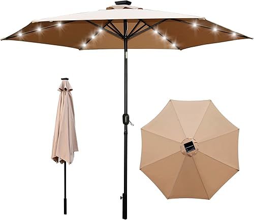 SereneLife SLSK3790.3 - Sombrilla de mesa de patio de 10 pies con 24 luces LED, 8 varillas resistentes con botón de inclinación y protección UV,