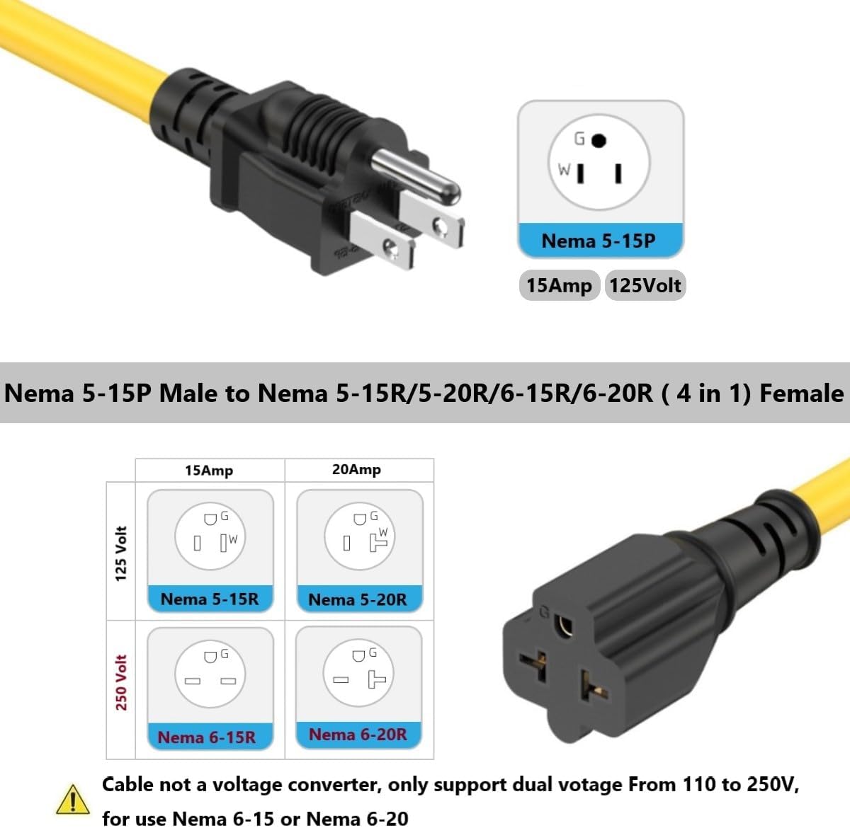 15-Ft 12AWG 15Amp to 20Amp-Extension Cable,15 Amp Household Plug to 20 Amp T-Blade,Nema 5-15P to 5-20R,5-15P to 6-15R/20R 12 Gauge Heavy-Duty Extension Cord,15A 125V to 20A Power Cord