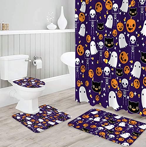 4 Piece Bathroom Set, Halloween Shower Curtain and Bath Mat Set with Non-Slip Rug, Toilet Lid Cover, Bath Mat, Orange Pumpkin White Ghost Skeleton Purple 36″ W x 72″ L Shower Curtains Set