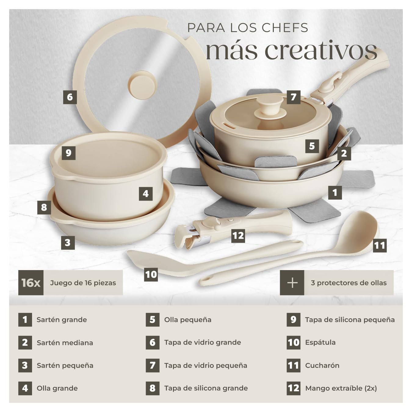 tectake® Juego de Cocina 16 Piezas Apto para Inducción, Incluye 2 Ollas Cocina Grandes, 3 Sartenes, Todo con Recubrimiento Cerámico Antiadherente y con Asas Extraíbles, Cocinas Completas - Blanco