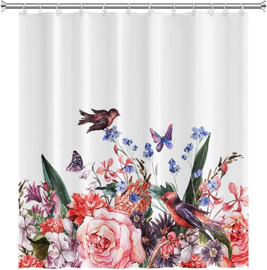 Yeele Floral Bathroom Curtain Red Flowers Curtain for Bathroom Cute Birds Bath Curtain Spring Curtain Waterproof Polyester Green Plants Shower Curtain with Hooks,72x84in