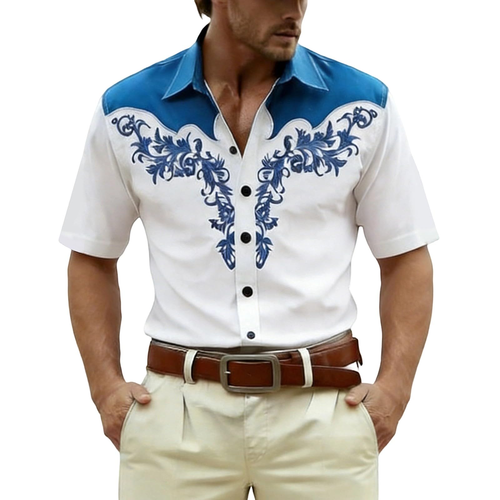 RUMAOZIA Men's Shirt Western Cowboy Style 3D Print White Vintage Medieval Shirts Short Sleeve Cowboy Costume Shirt Embroidery Look Men Carnival Party Top Regular Fit Fancy Dress Costume, O Blue, M — image 1