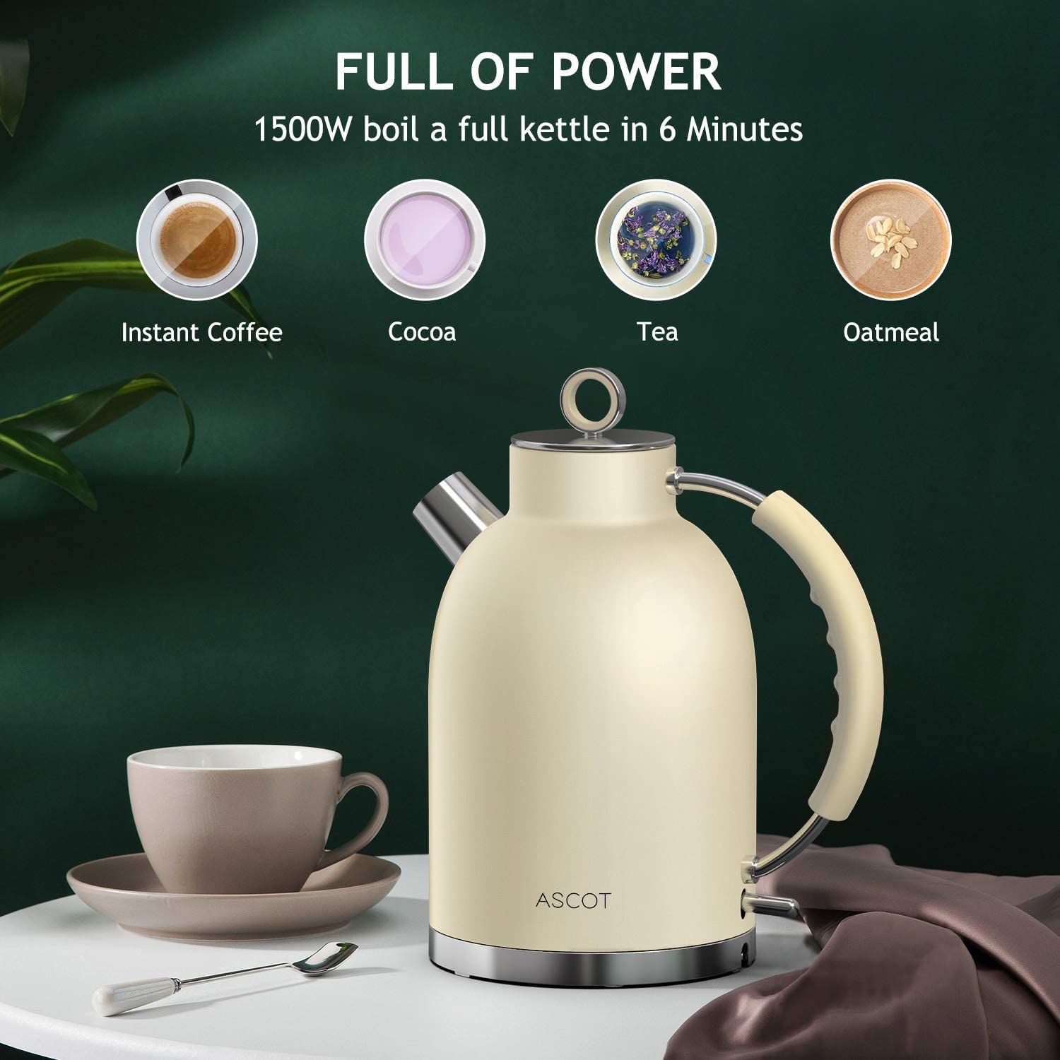 Electric Kettle ASCOT, Tea Kettle Hot Water Kettle Stainless Steel Kettle 1.5L 1500W Retro Tea Heater & Boiling Water, Auto Shut-Off and Boil-Dry Protection (Matte Cream)