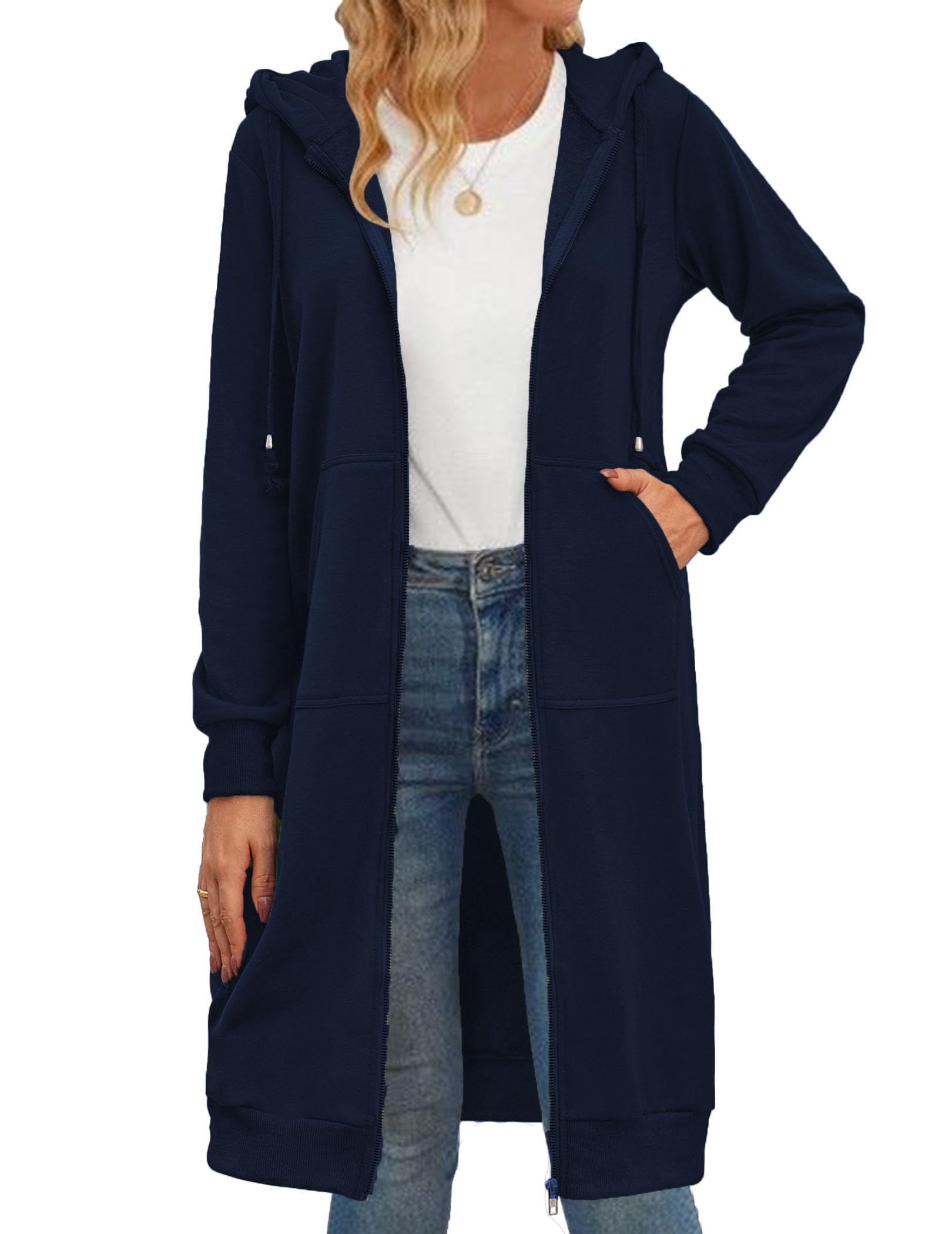 Zeagoo Felpe con cappuccio da donna con zip oversize in pile lunghe a tunica felpe casual a maniche lunghe 2026 autunno giacca con cappuccio cappotto, Blu scuro, XXX-Large