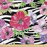 Lunarable Zebra Print Fabric by The Yard, Tropical Flowers in Summer Garden Blooms Leaves on Zebra Pattern, Decorative Fabric for Upholstery and Home Accents, 1 Yard, White Black