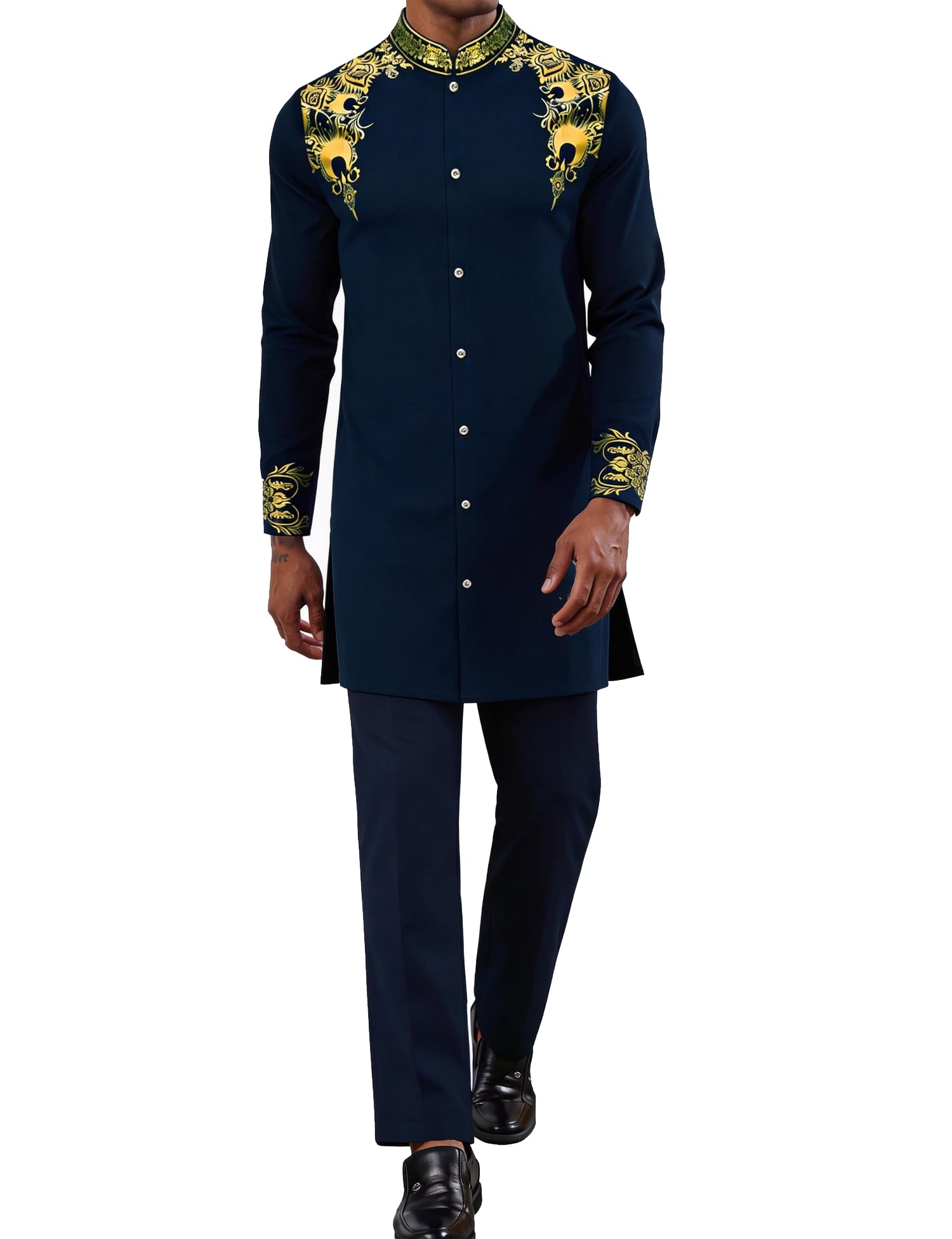 Langes afrikanisches Herren-Set, nigerianisches Dashiki, traditioneller Anzug, Goldstempel, bedrucktes Hemd und Hose, 2-teiliges Set