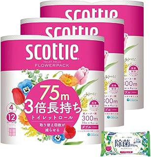 【セット品】フラワーパック 3倍長持ち トイレットペーパー ダブル 12ロール(4ロールx3袋) + リファイン ノンアルコールウエットティッシュ（10枚x1パック) 4点セット