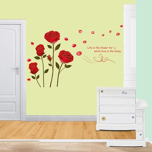 Miniatura 7 de BIBITIME Calcomanías de pared con texto en inglés "Life is the Flower for which Love is Honey Quotes Red Rose Wall" Flaying Petal San Valentín,