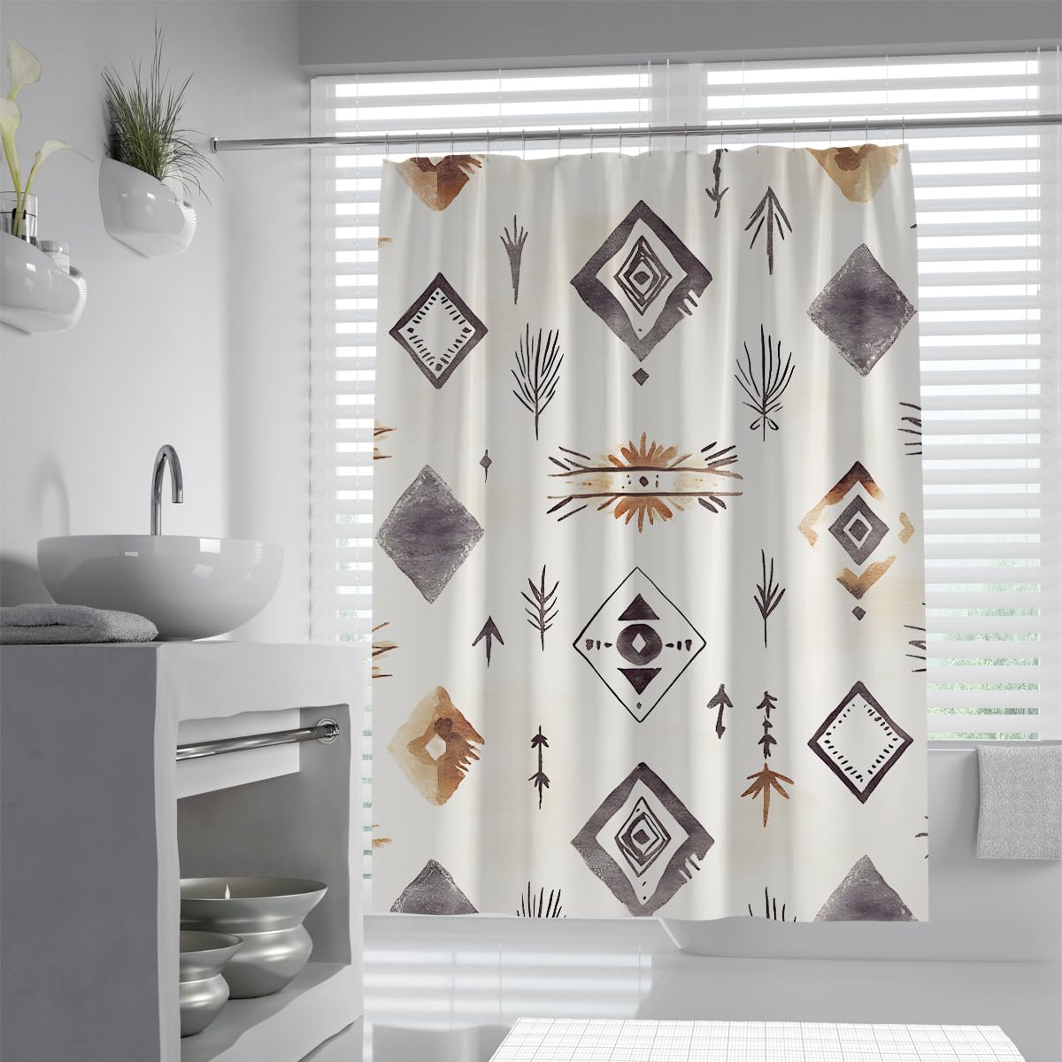 UERWOWELL Minimalist Tribal Pattern Shower Curtain Boho Geometric Diamond Shower Curtain Southwestern Style Bathroom Decoration Machine Washable W100xL180 cm