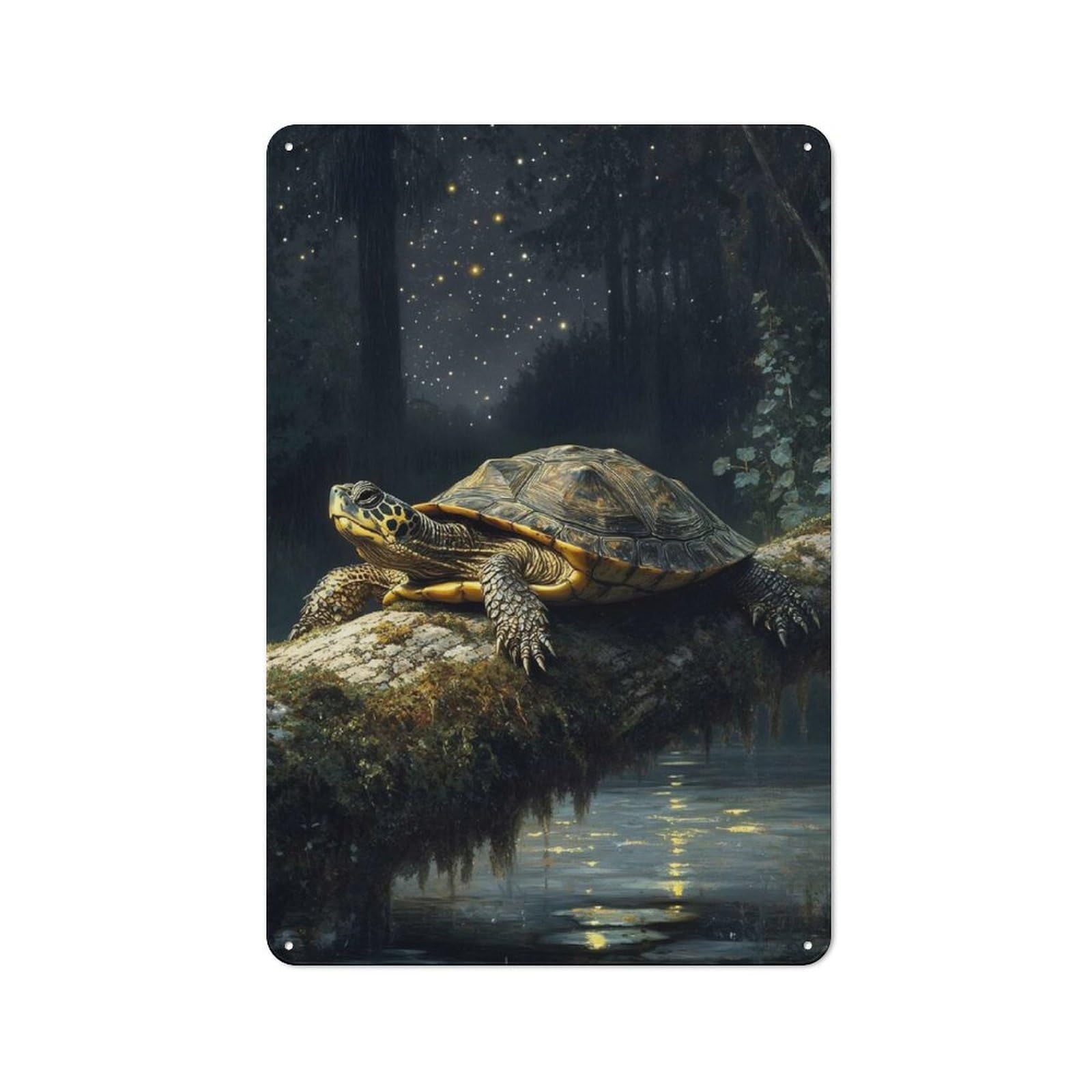 Junmoney Turtle On A Mossy Log At Night Retro Tin Wall Plaque 30X20cm Featuring For Garage Wall, For Vintage Wall Decor Fans, For Themed Room Decoration