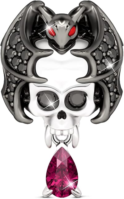 GNOCE Skull Charms Cool Bat Skull Bead Pendant Lights Up with Twinkle Black Cubic Zirconia and Cool Bat Demon Skull 925 Sterling Silver Handmade Charms for Bracelet/Necklace