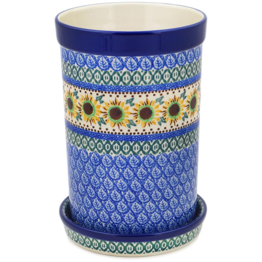 Authentic Polish Pottery Wine Chill with Saucer Signature UNIKAT in Golden Autumn Design Handmade in Boles?awiec Poland by Ceramika Artystyczna + Certificate of Authenticity