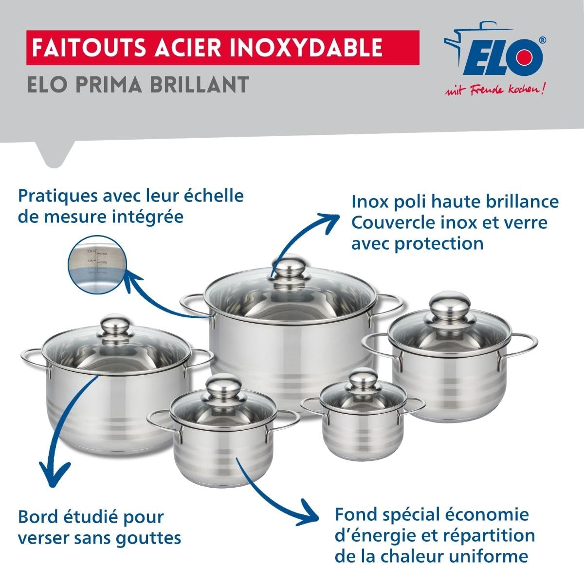 Elo Batterie cuisine poêle 28 cm et 4 faitouts 12/14/16/20 cm | Lot complet pour équiper la cuisine, Poêle 28 cm et 4 faitouts, Cuisson sur tous feux, Inox et aluminium, Passe au four