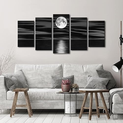 Miniatura 4 de Wieco Art Lienzo impreso con diseño de luna llena en la noche, diseño de playa en blanco y negro para sala de estar, dormitorio, cocina, decoración