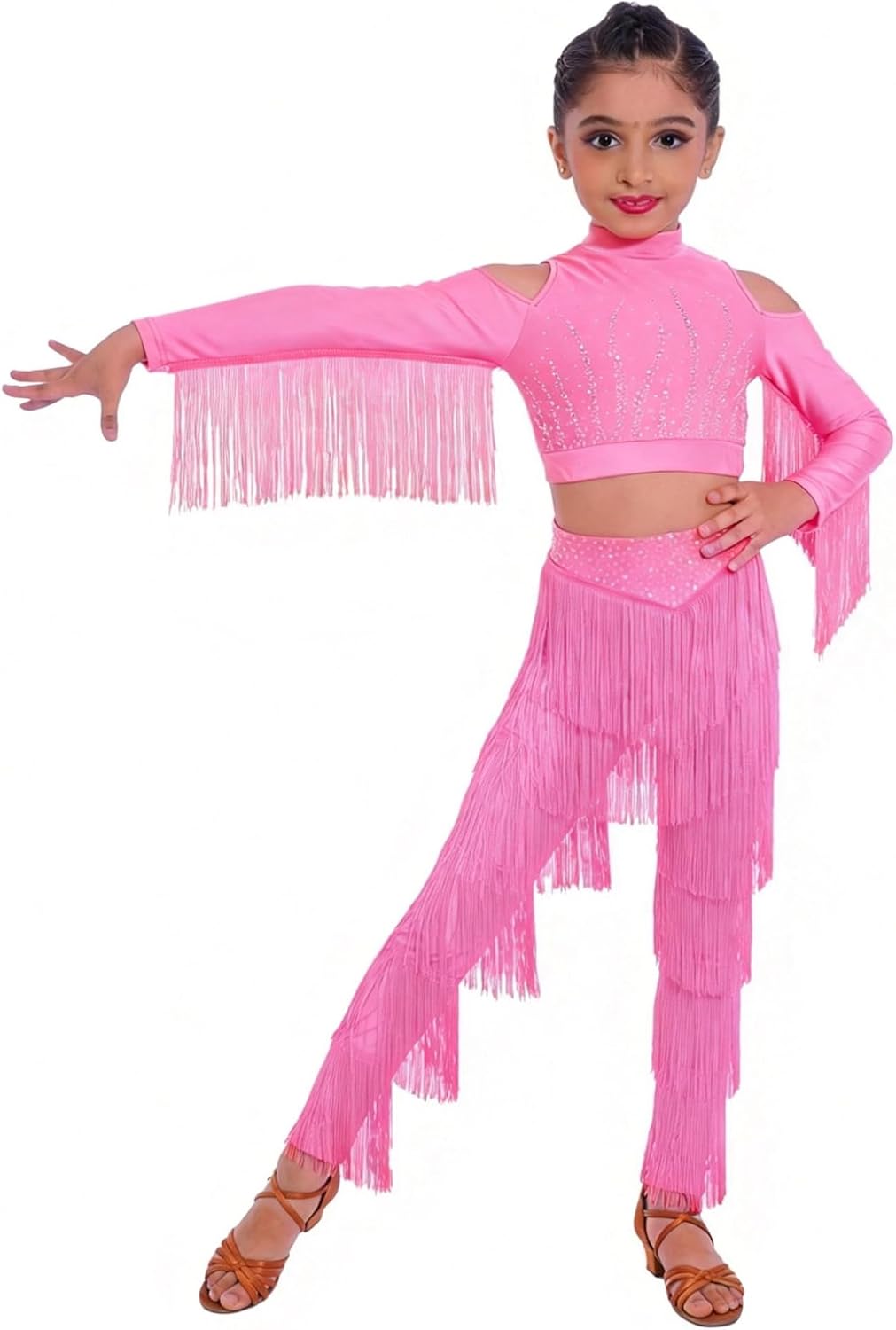 ACSUSS Kids Girls Latin Modern Salsa Ballroom Dance Outfit Rhinestone Tassel Crop Top Layered Fringe Pants Set Pink 14 Years