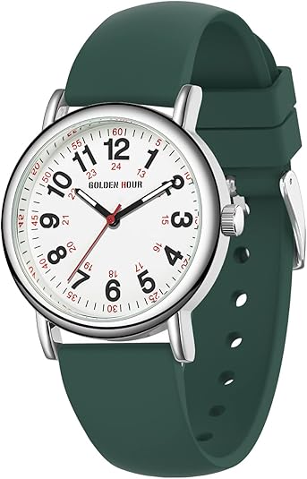 GOLDEN HOUR Waterproof Nurse Watch for Medical Professionals, Students Women Men - Military Time Luminouse Easy Read Dial, 24 Hour with Second Hand, Colorful Silicone Band