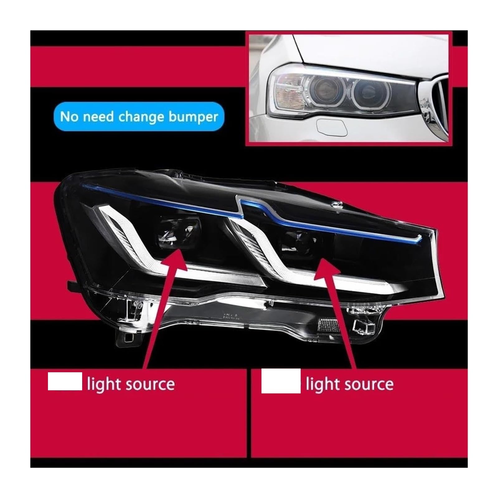 Dynamiczny kierunkowskaz do BMW X3 F25 2010-2017 i M5 przedni blok optyczny, kompatybilny z pojazdami z kierownicą po lewej i prawej stronie (2014-2017/z kierownicą po prawej stronie)
