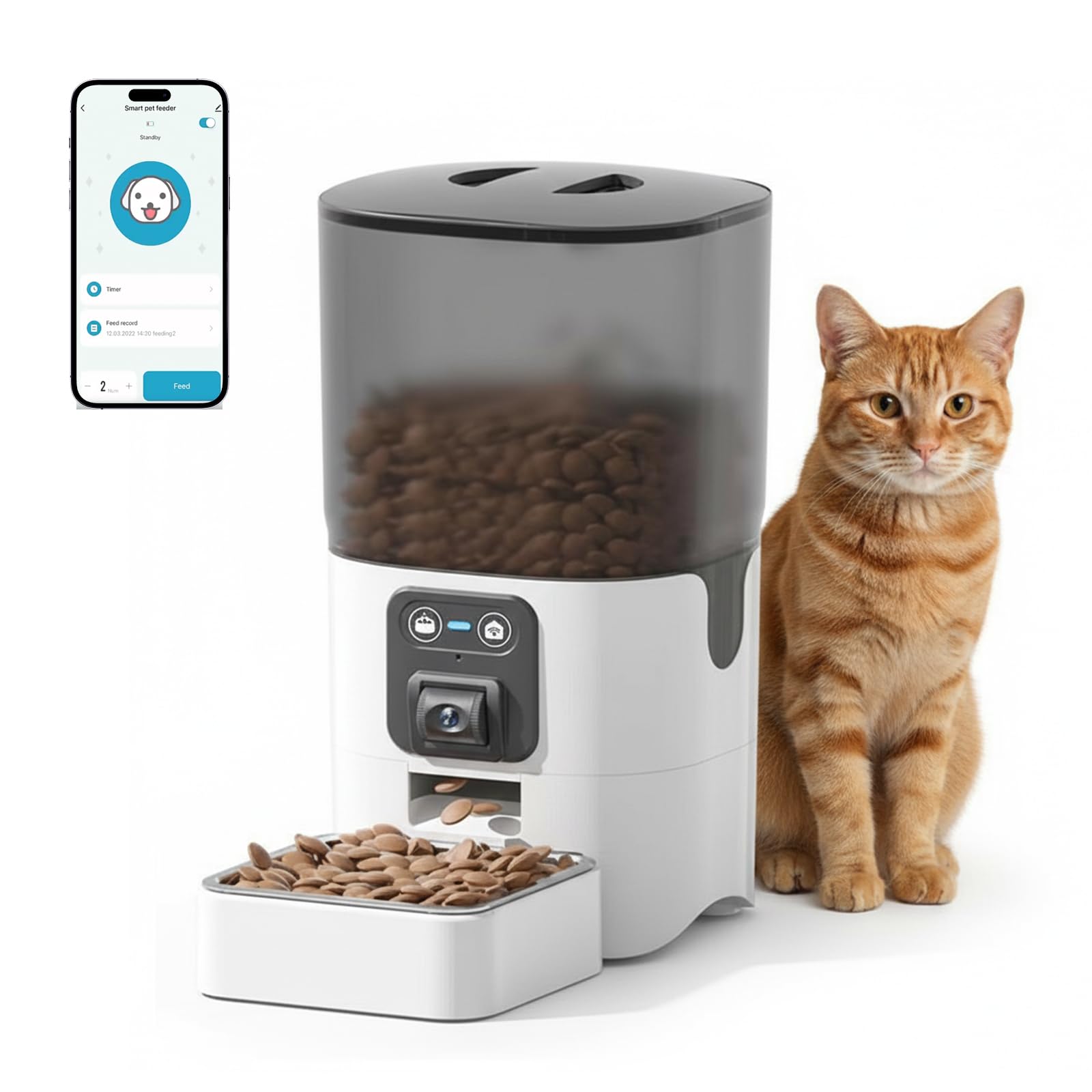 Automatic Cat Feeder with Adjustable Camera, Smart Pet Feeder with Live Video & Two-Way Audio, App Control Timed Feeding, 6L Large Capacity Anti-Clog Dry Food Dispenser