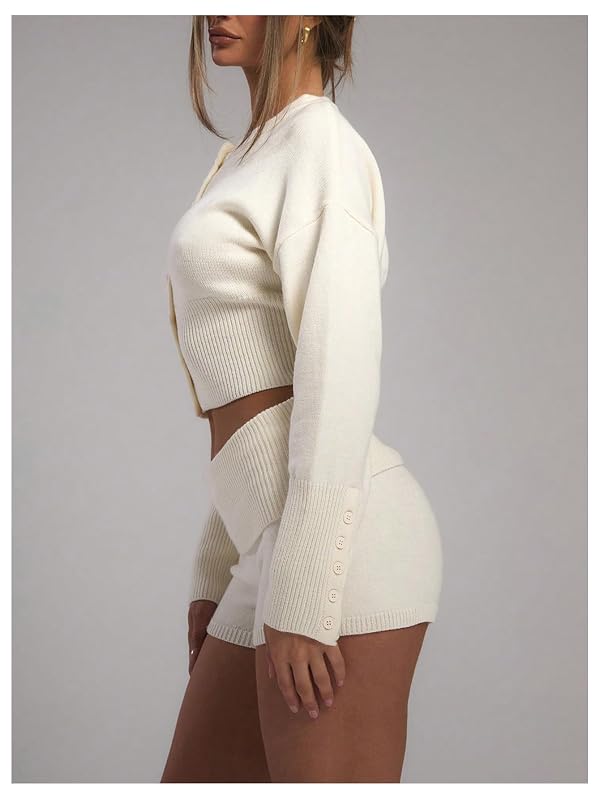 GORGLITTER Women's Button Up Cinched Waist Cardigan Crew Neck Cropped Sweaters Long Sleeve Knit Fitted Pullover Tops Cream Medium by GORGLITTER - Used condition - Image 3