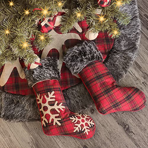 Ivenf Christmas Stockings, 4 Pcs 18 Inches Burlap With Large Plaid Snowflake And Plush Faux Fur Cuff Stockings, For Family Holiday Xmas Party Decorations #TOP6