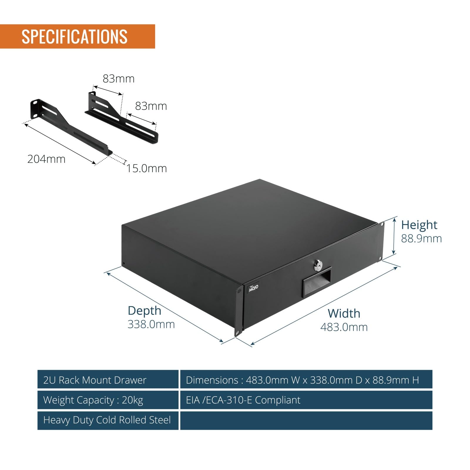 Tecmojo 2U Tiroir Rack, pour Armoires 19 Pouces, Verrouillable avec Support Arrière, Capacité de Charge 10kg, Ouvertures pour Gestion des Câbles, Noir