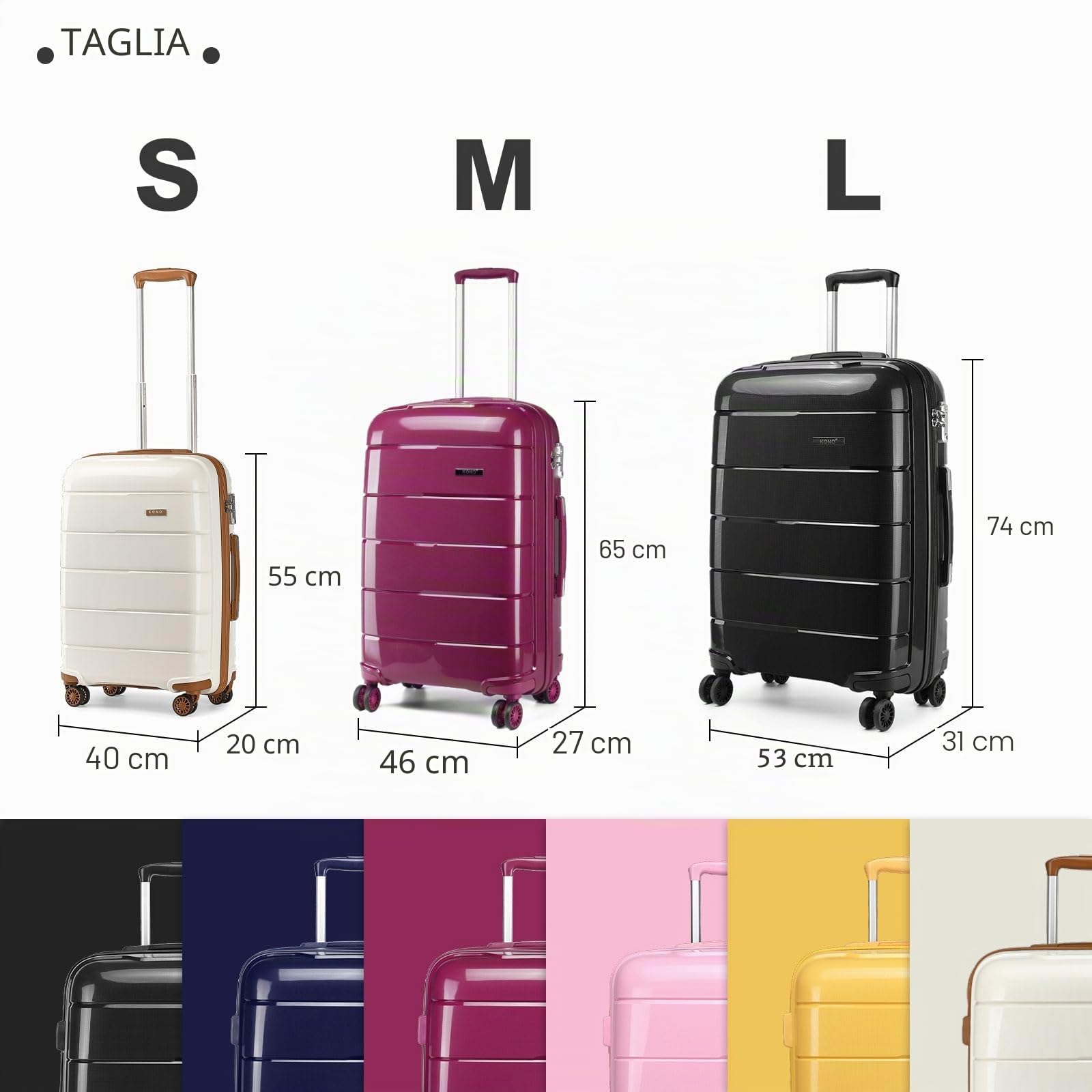 KONO 55cm/65cm/74cm Valigia Rigida Leggera Polipropilene Trolley con TSA Lucchetto e 4 Ruote Girevoli