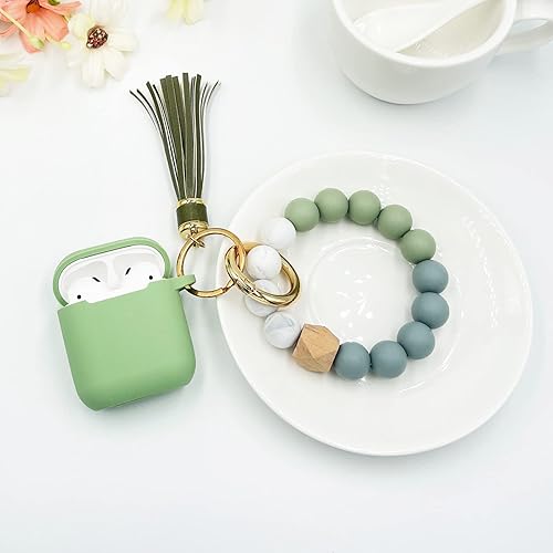Miniatura 5 de Funda para AirPods, funda protectora de silicona con llavero de pulsera de cuentas compatible con Apple AirPods de 2 y 1 generación (verde aguacate)