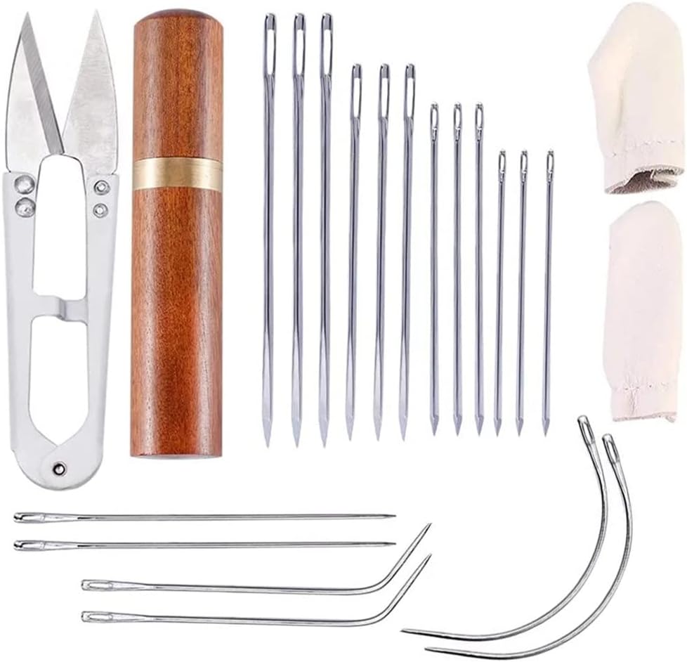 23PCS Leather Embroidery Needles with Needle Case, Including Curved Straight Needles and Thimble, Scissors, Finger Cot